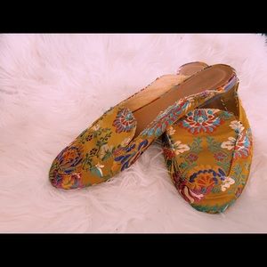 Yellow floral embroidered mules
